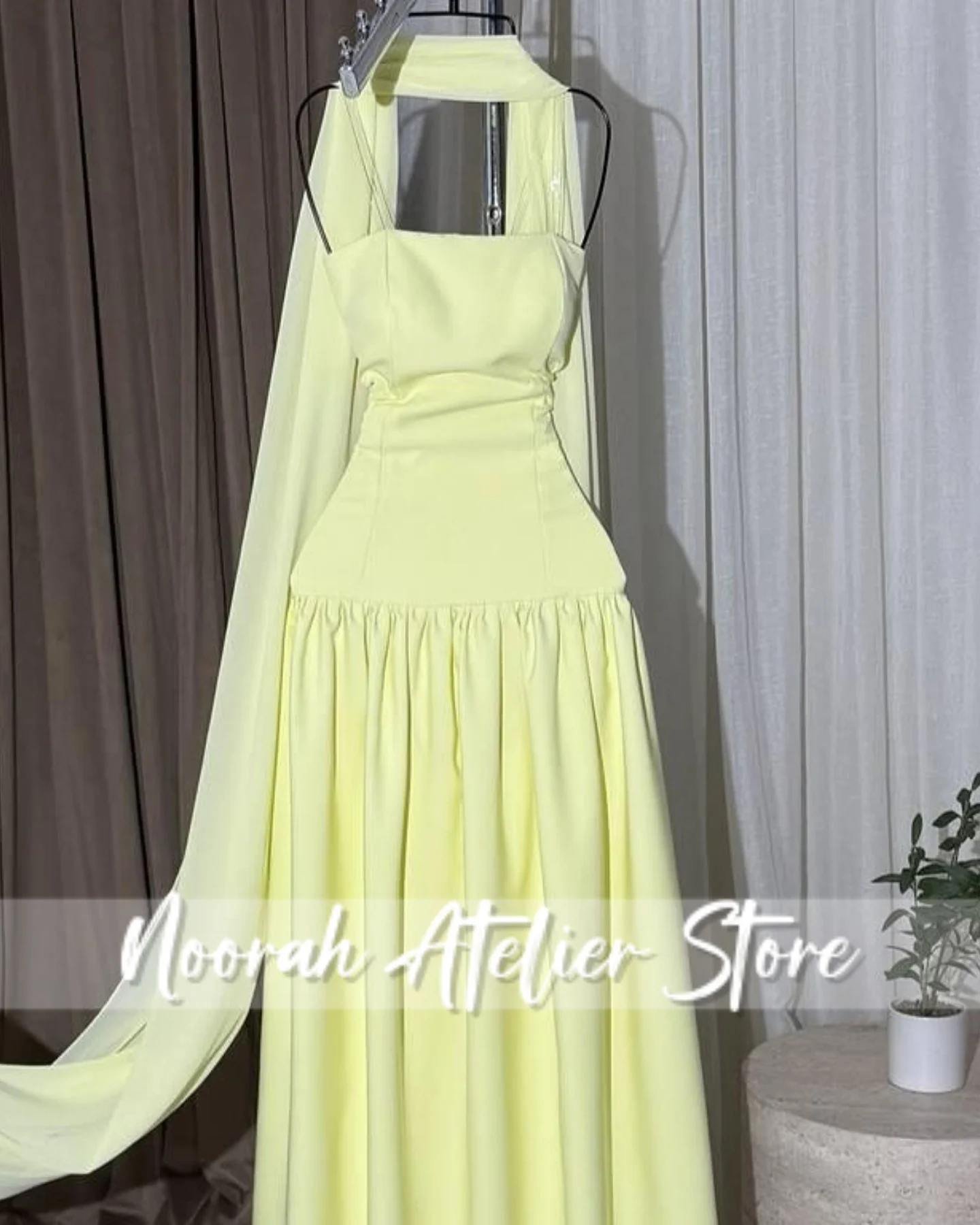 Light Yellow Strapless Aline Saudi Arabia Luxury Evening Dress 2025 Scarf Wedding Dresses فساتين سهرة Long Prom Gown Customized