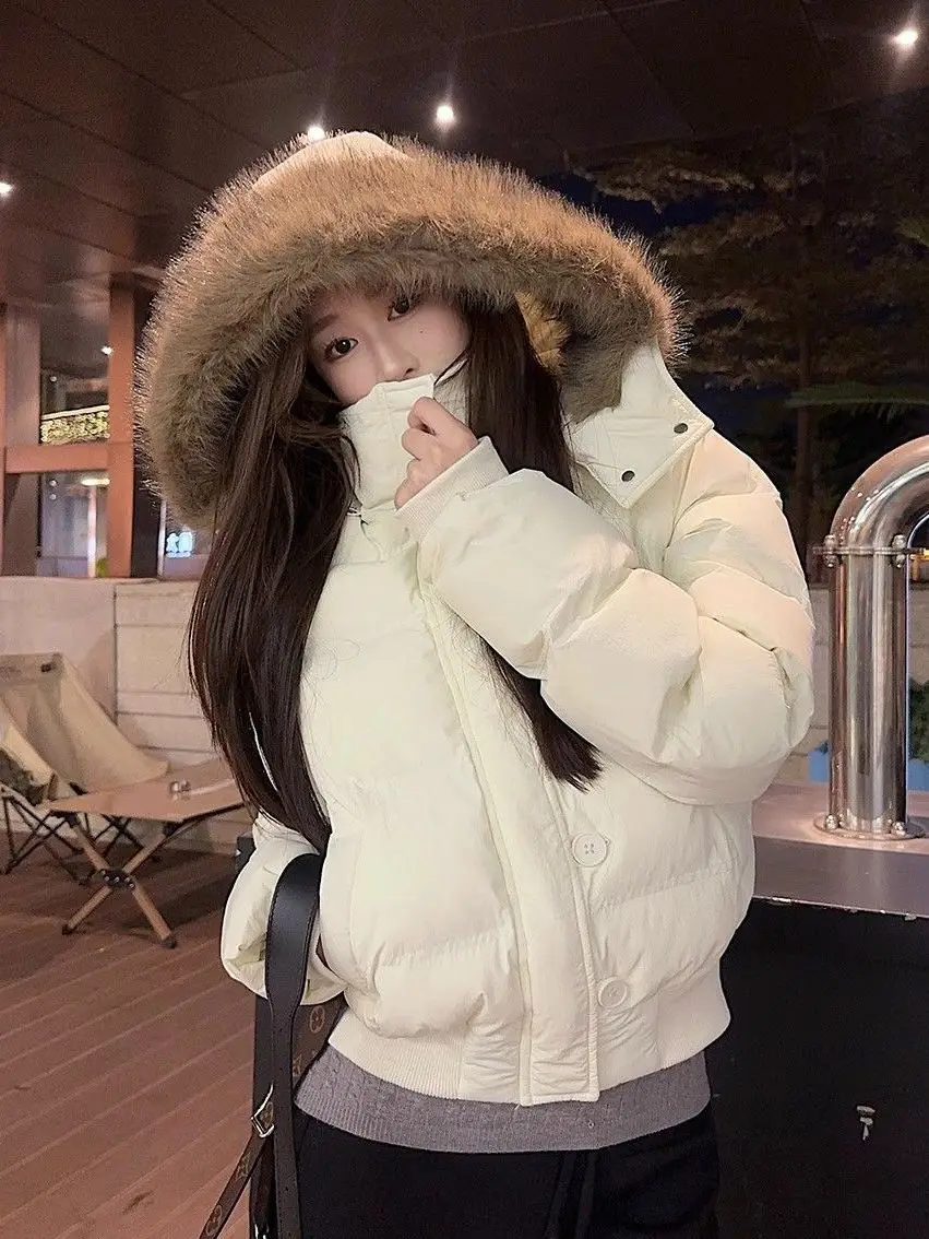 Women's Loose Fit Short Down Cotton Jacket Detachable Hat Fur Collar Winter Warm Thickened Outerwear Slimming Fashiona Parkas