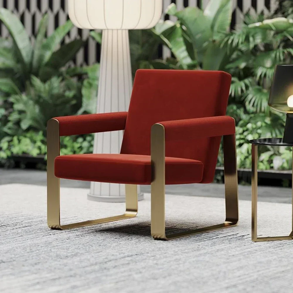 Luxury red fabric gold stainless steel single sofa arm chair armrest hotel cafe chairs live room furniture accent living room