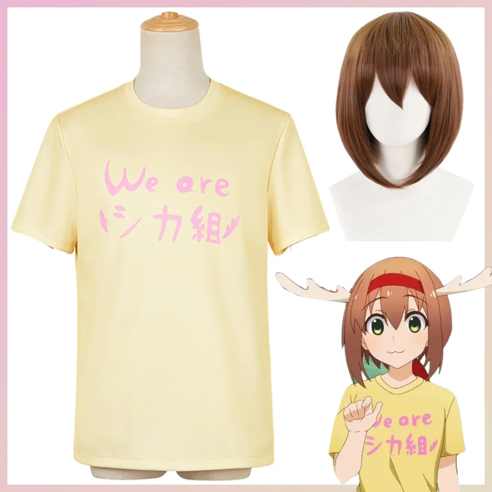 Women Shikanoko Cosplay Tops Wigs Costume Anime Nokonoko Koshitantan Disguise T-shirts Headgear Full Set Clothing Halloween Suit