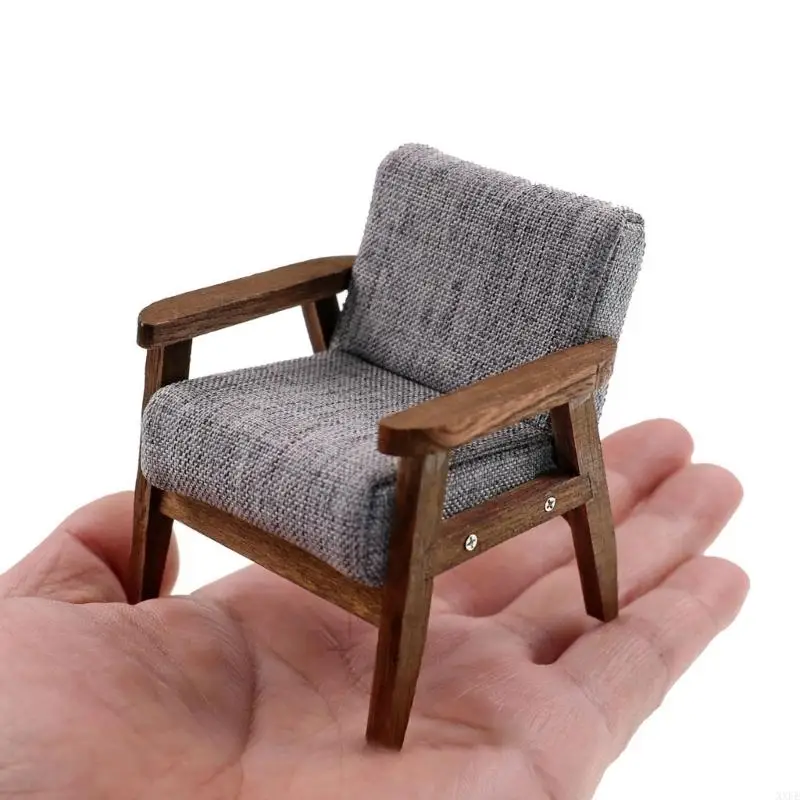 1/12 Scale Dollhouse Miniature Single Arm Chair Mini Wooden Fabric Frame Reading Chair Artificial House Room Scene Couch Model view 3