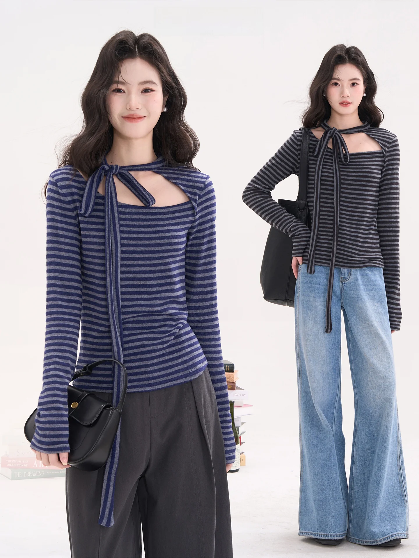

Spring Casual Cotton Striped Long Sve T-irt Women's Slim Fit Top Knot Design Trendy Pattern Flower Field Window Heme
