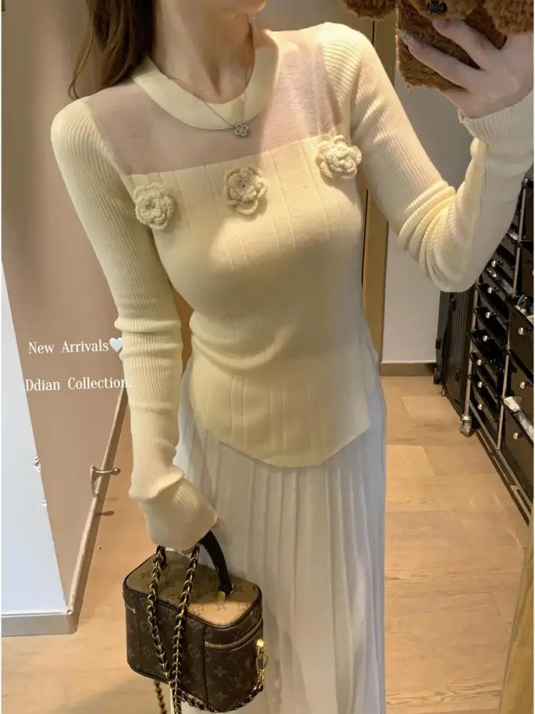 

Vintage Sweet 2024 New Blue Yellow Flower Elegant Long Sleeved Sweater Autumn Winter Women's Gray Short Pullover Knitted Tops