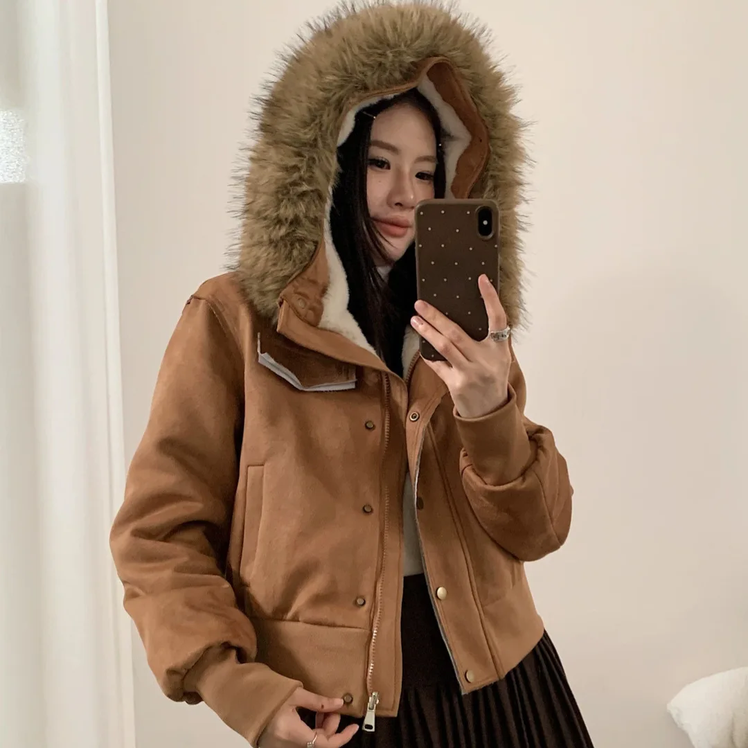 2026 Autumn Korean Fashion Y2K American Vintage Women Faux Fur Parkas Cotton Padded Jacket Warm Chic Casual Outwear Tops