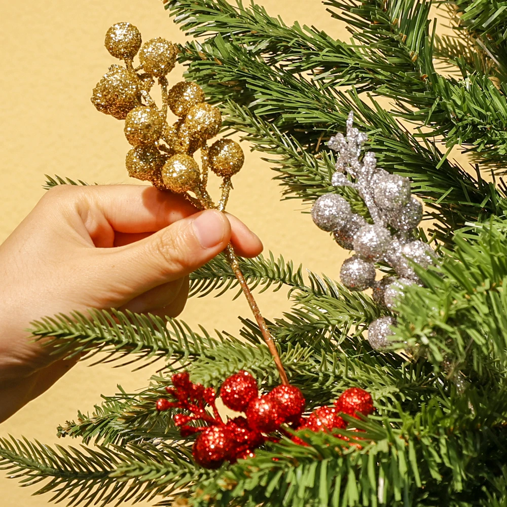 1/30pcs Christmas Artificial Gold Powder Berries Holly Berries Branches DIY Xmas Wreath Tree Ornament Home Table Vase Decoration