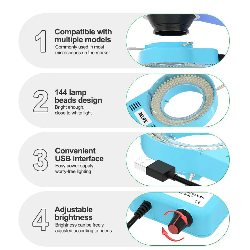 RELIFE RL-033M Microscope Light Source with 144 Lamp Beads Strong Focusing, Adjustable Brightness , Convenient USB Interface