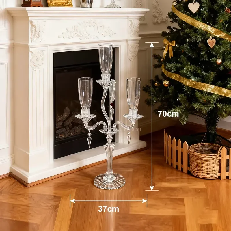 Glass Three Slot Candelabra With Red Accent Crystal Charms for French Villa Restaurant Holiday Party Table Centerpiece