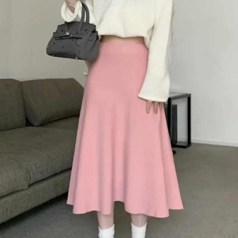 Autumn Winter Woman's Clothing Skirt Elastic High Waist A-Line Skirt Computer Knitted Jumper Korean Mid Calf Skirt E1959