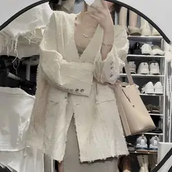 Button Tassel Coat For Women's Spring And Autumn 2023 New Style Sweet V-neck Loose Fitting Suit Top