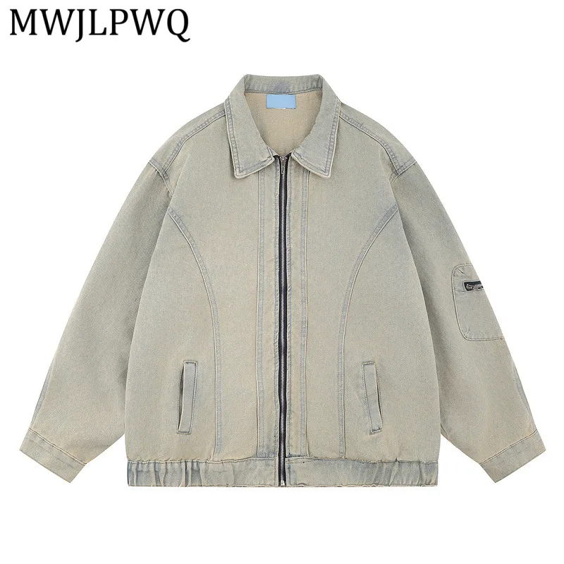 

MWJLPWQ American Retro Deconstructed Washed Mud-Colored Denim Jacket For Men Trendy Vibe Loose-Fit Couple Zip-Up Work Tops 15746