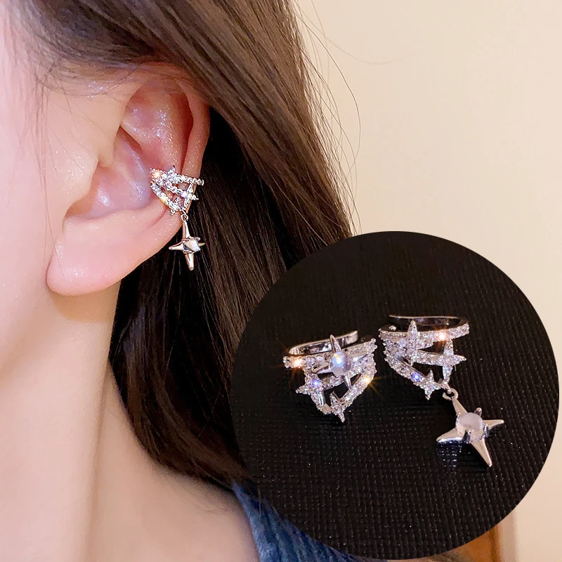 No Piercing Ear Clip Earrings For Women Asymmetry Zircon Cross Star Fake Cartilage Ear Cuff Y2k Accessories Jewelry Gifts EF185