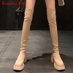 Krazing Pot Cow Leather Flock Round Toe Thick High Heels Platform Boots Winter Keep Warm Elastic Waterproof Over-the-knee Boots