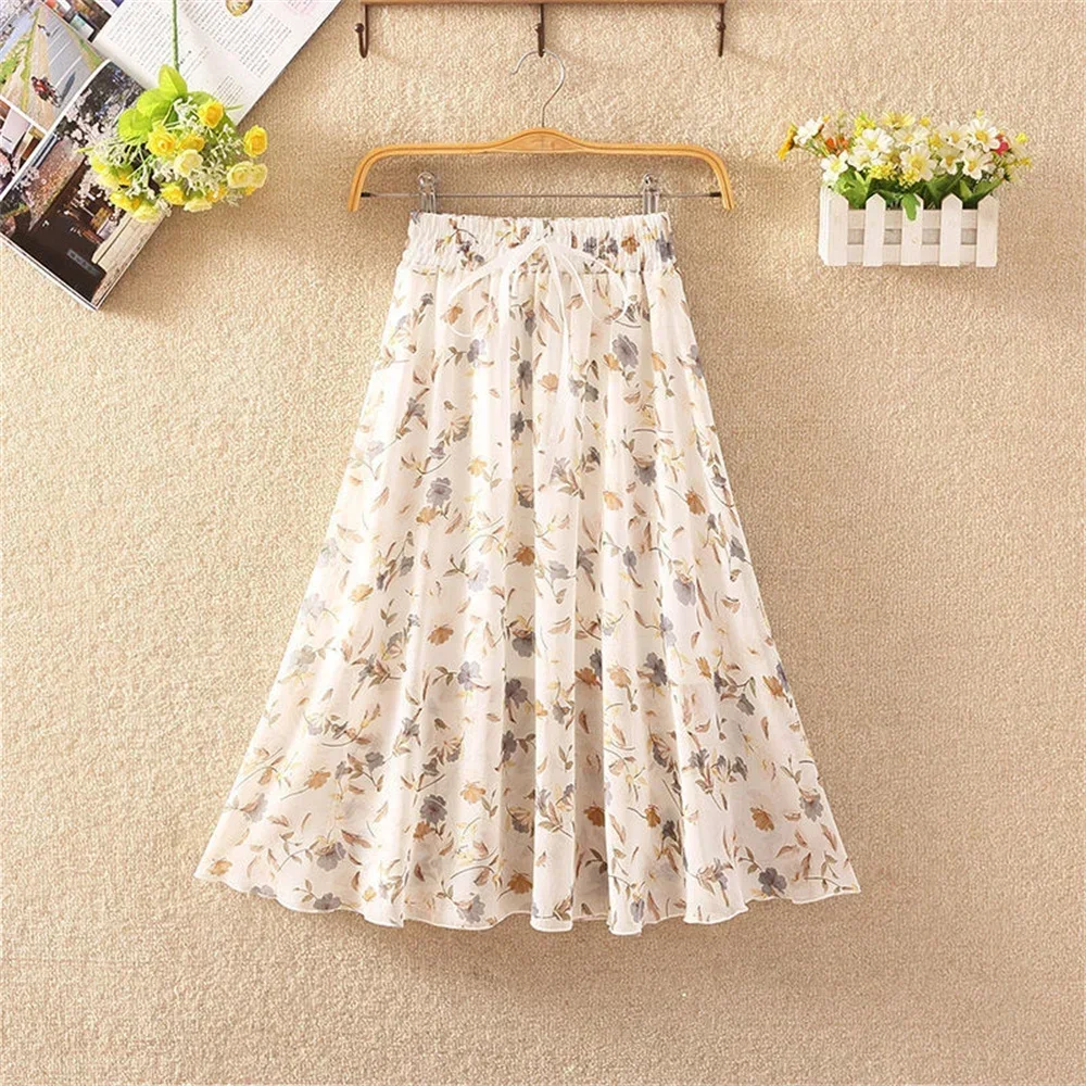

Woman Elastic Waist Midium Length 2025 Printed Chiffon Loose Skirt Summer Skirts A-line Women's Floral Skirt High Waist Long