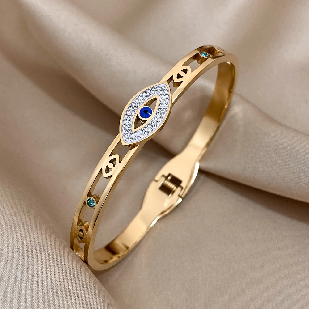 Stal bransoletki ze stali ze stali nierdzewnej z luksusowymi kryształkami dla kobiet 18K pozłacane Evil Eye bransoletka wodoodporna biżuteria prezenty — zdjęcie 5