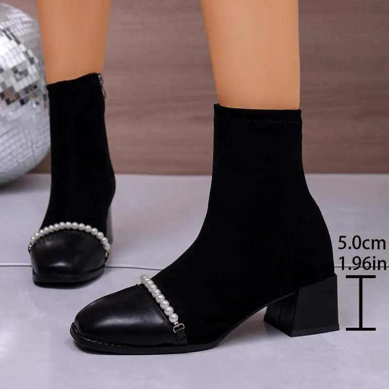 

Elegant Square Toe Pearl Chain Suede Ankle Boots Women 2025 Winter Autumn Thick Medium Heel Short Booties Designer Botas Mujer