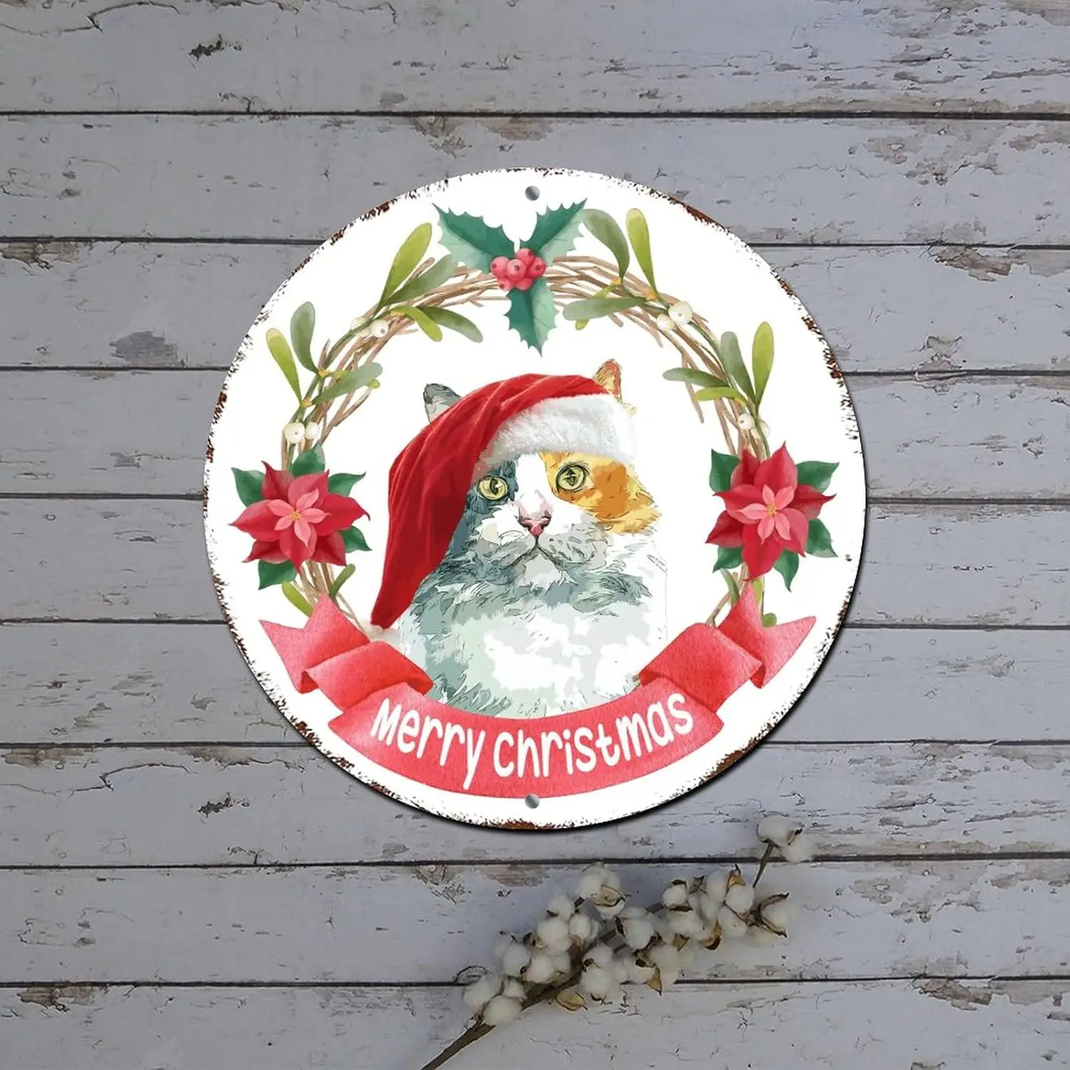 Merry Christmas Wreath Sign Vintage Cat with Santa Painting Hat Holly Wreath Round Metal Tin Sign Christmas Cabinet Decorations