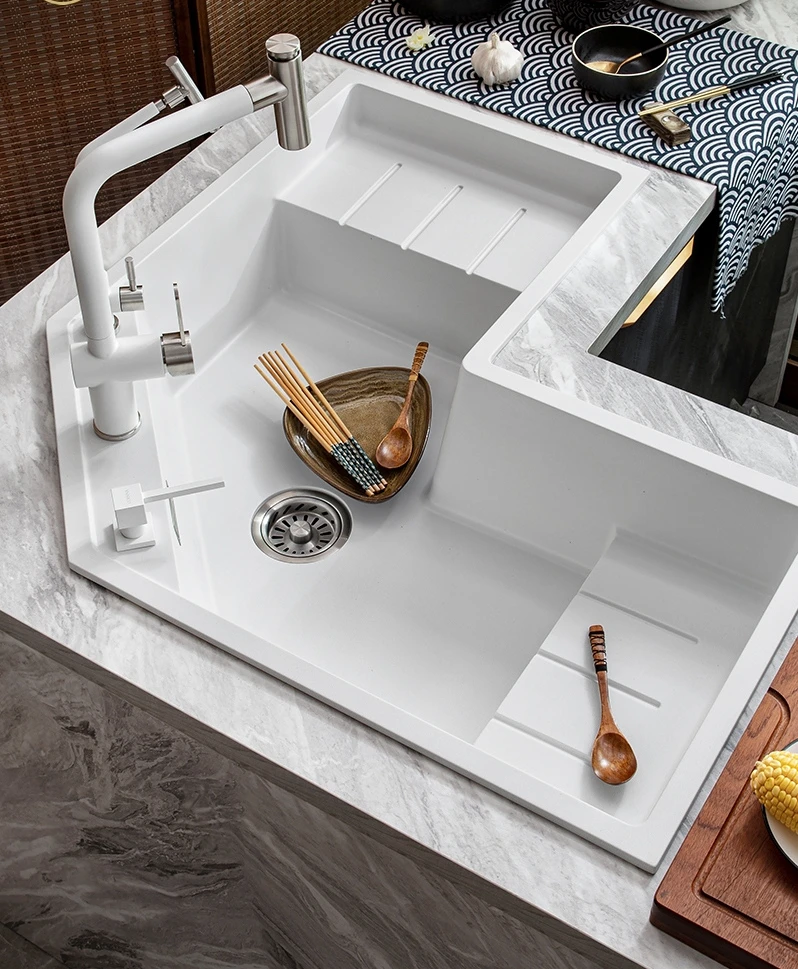 Kitchen Quartz Stone Corner Sink Corner Vegetable Wash Basin L-shaped Irregular Large Single Sink Drainage Package