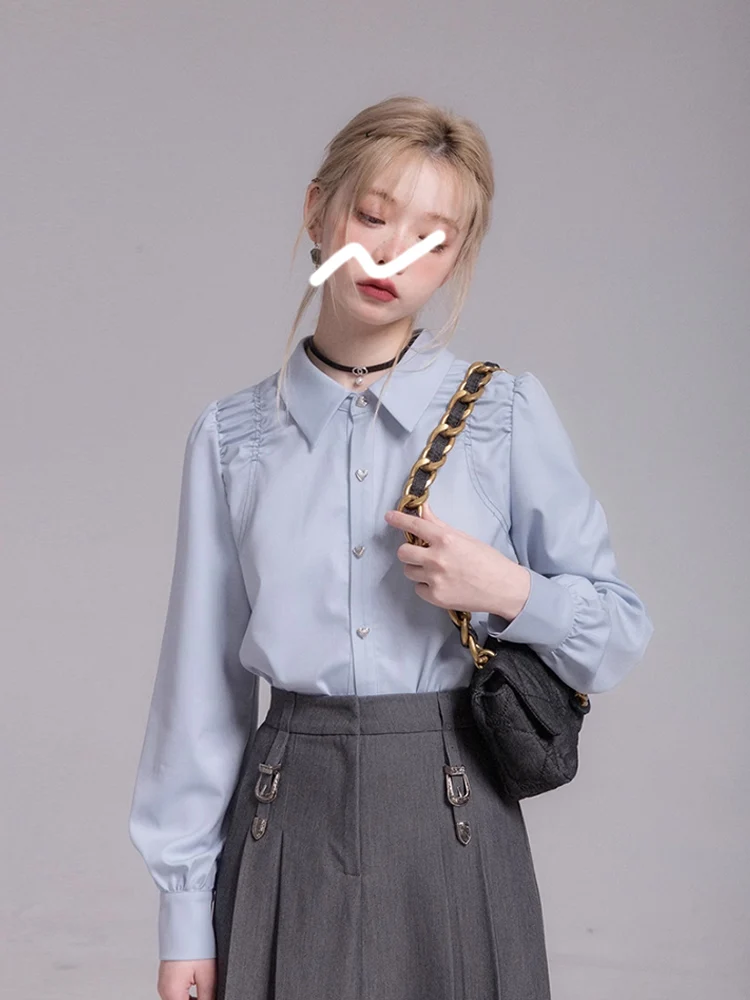 

Fashionable Long Sve Blue irt Ele Design Autumn New Women's Premium Quali Top Korean Commute Wind TT280