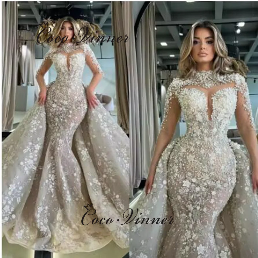 

Customized 2025 New Luxury Wedding Dress 2 in 1 Style Floral Lace Appliques High Neck Detachable Skirt Bride Dress Dubai W1453