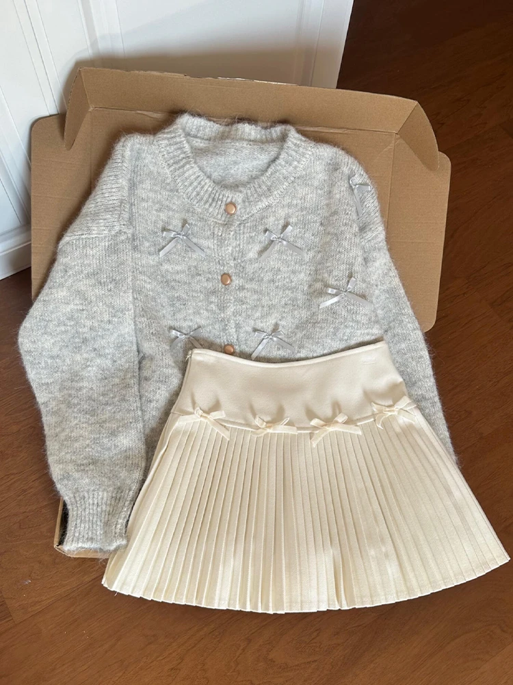 

Комплект: Плиссированная юбка и платье с завязками, женский, с высокой талией, А-силуэт, длинный рукав, стандартный крой, на каждый день, весна