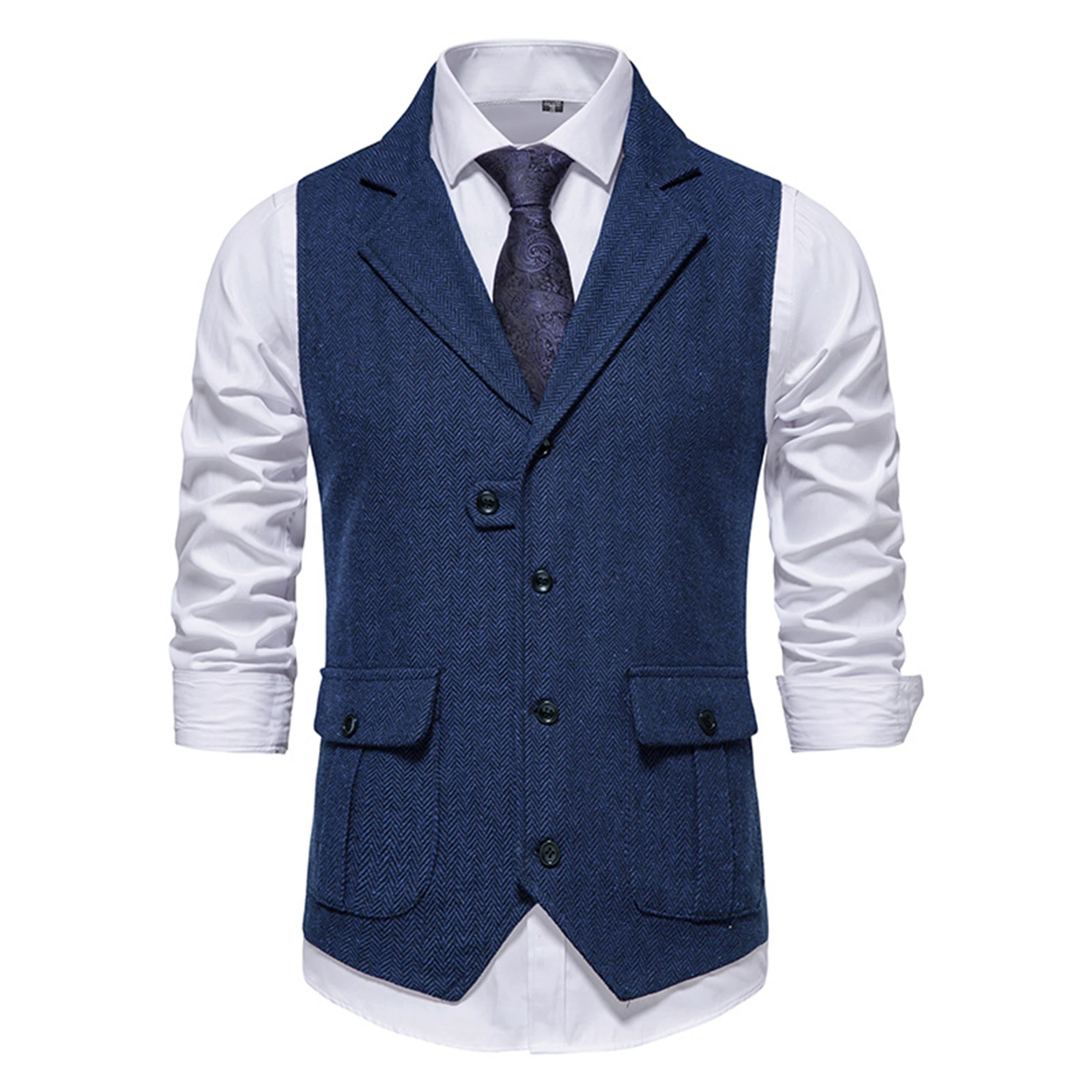 Fashion V-neck Double Breasted Herringbone Tweed Suit Vest  Mens Casual Striped Waistcoat Punk Groomman Wedding Grey Brwon Green