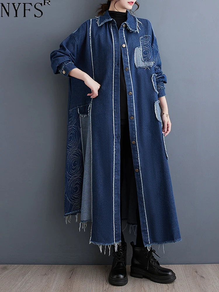 NYFS 2023 New Autumn Winter Big size Loose Single Breasted Denim Trench Coat Women Vintage Print Patchwork Long Windbreaker