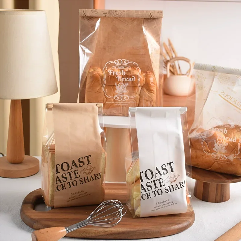 10/20/50Pcs Toast Bread Bags Transparent Kraft Paper Packaging Bag For Snack Donut Croissant Baking Plastic Pouch Party Supplies