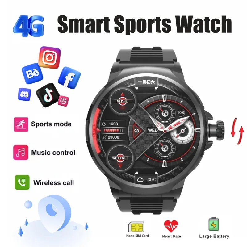4G SIM Sports Smartwatch for Men Women Curved Eye‑Protection Display Bluetooth Call Social Message Notifications Wrist Watch