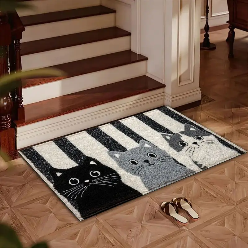 VIKAMA Cartoon Cat Welcome Door Mat, Water-Absorbing and Non-Slip Bathroom Mat, Soft Bedroom and Entryway Rug, Home Decoration