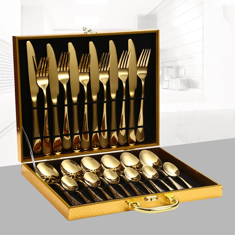 

Wooden Box 24 Pcs Gold Tableware Cutlery Dinner Set Knife Fork and Spoon Suitable for Family of 6 Steak Cutlery Gift Box Couvert
