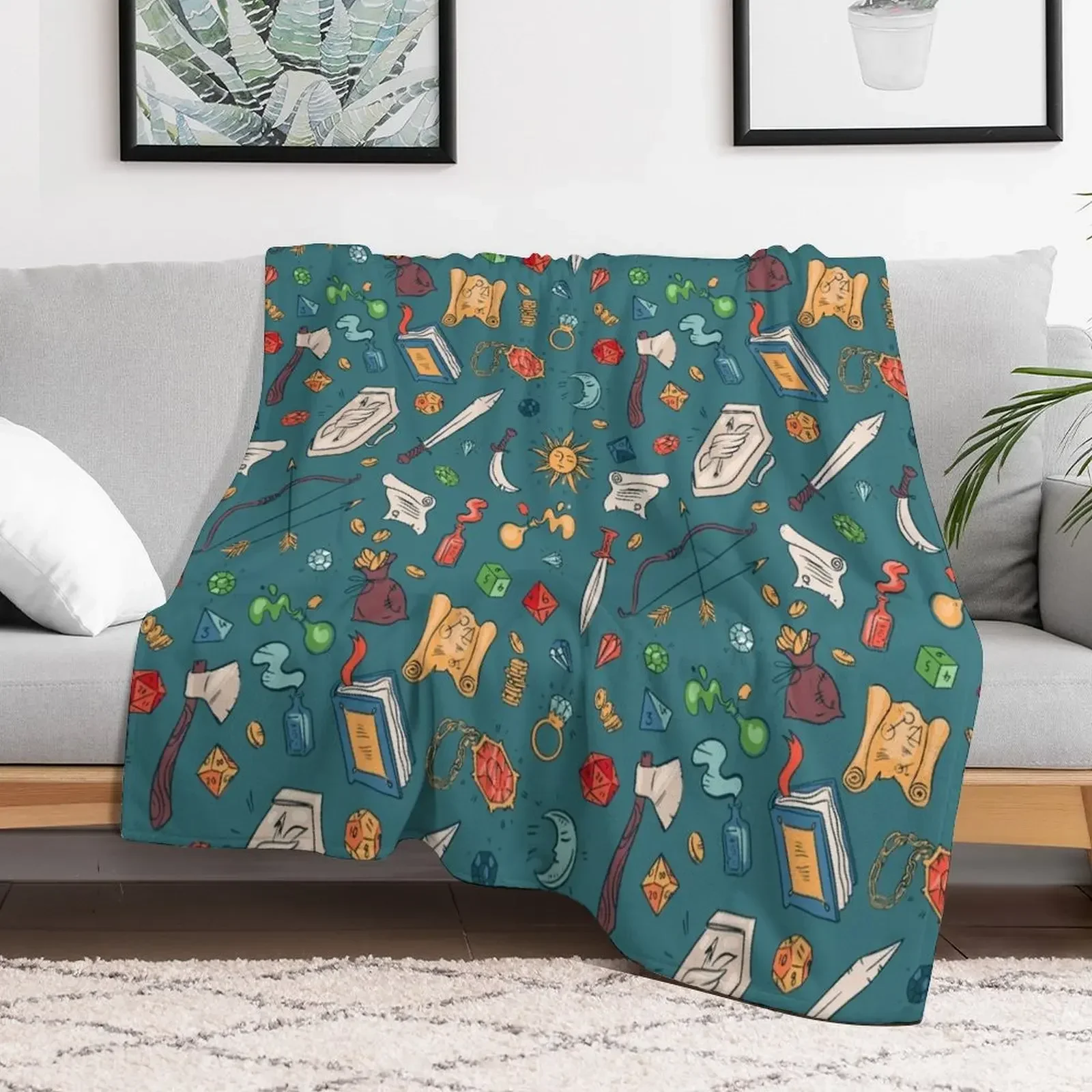 Tabletop RPG - DnD Dice And Elements All Over Pattern Throw Blanket wednesday Designers Blankets