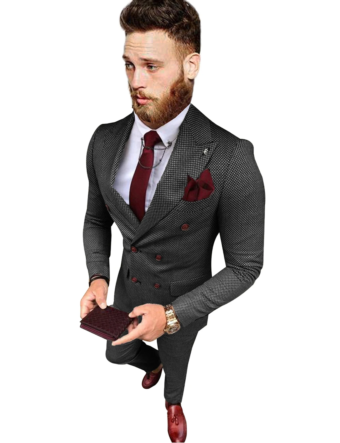 Men\'s Tweed Suit Plaid Double Breasted Jacket and Pants  Groom Business Tuxedos men suits wedding prom suits