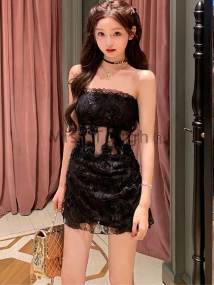 France Y2k Sexy Flower Party Dress Women Summer Lace Solid Strepless Mini Dress Female Fashion Chic Mesh High Street Clothing