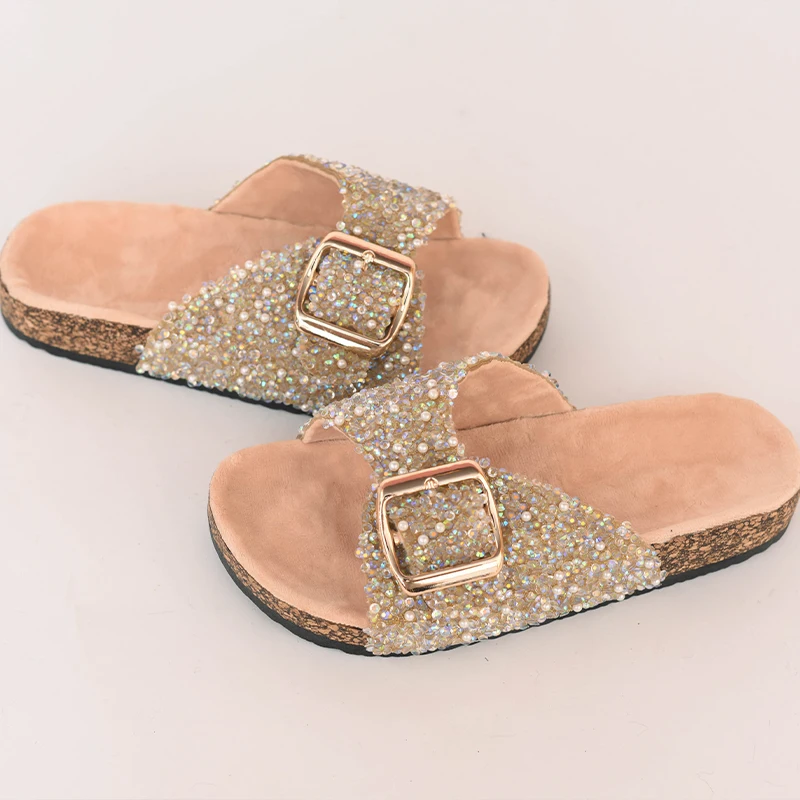 Popular Women Beach Sandals Single Buckle Pearl Sequins Home Fall Leisure Vacation Outside Wear Women\'s Flat Slippers