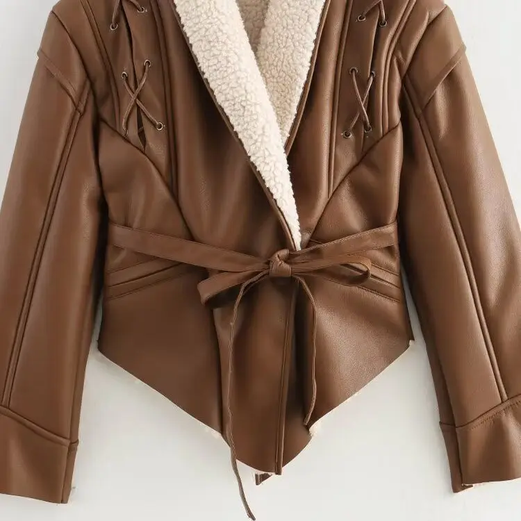 JNLEAOG خريف جديد للمرأة Faion غير النظامية مربوط الدفء الجلود الفراء ملابس خارجية متكاملة Jaet الوقوف البوليستر #3