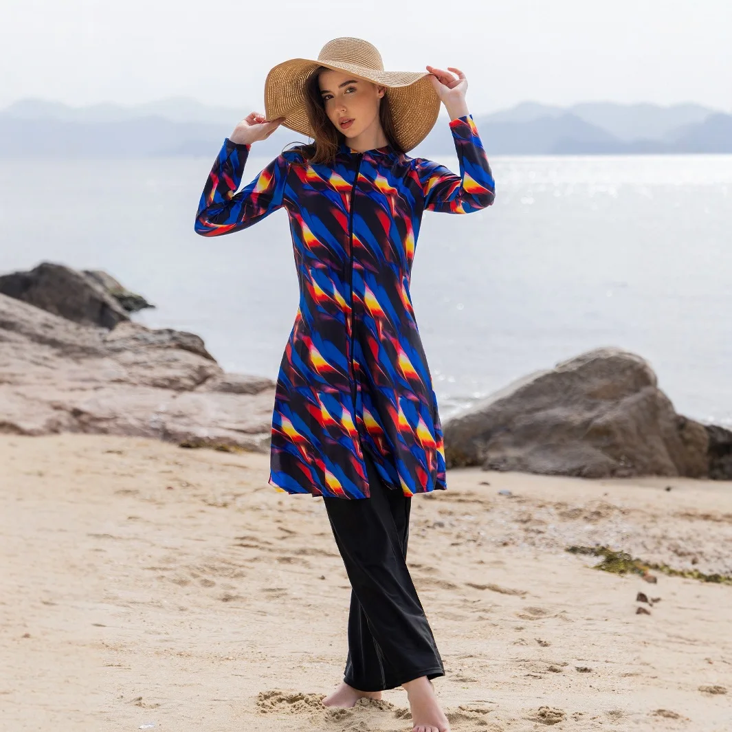 

2-Piece Muslim Burkini Swimwear Print Modest Swimsuit, Full Coverage Long Sleeve Quick Dry UPF50+ Islamic Bathing Suit for Women