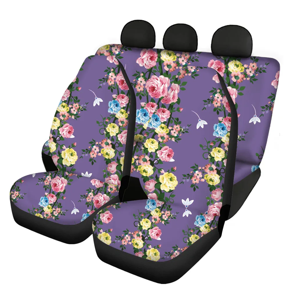 INSTANTARTS Red Rose Floral Black Print  Front/Back Seat Covers Full Set Universal Automotive Interior Women Accessoiry Voiture