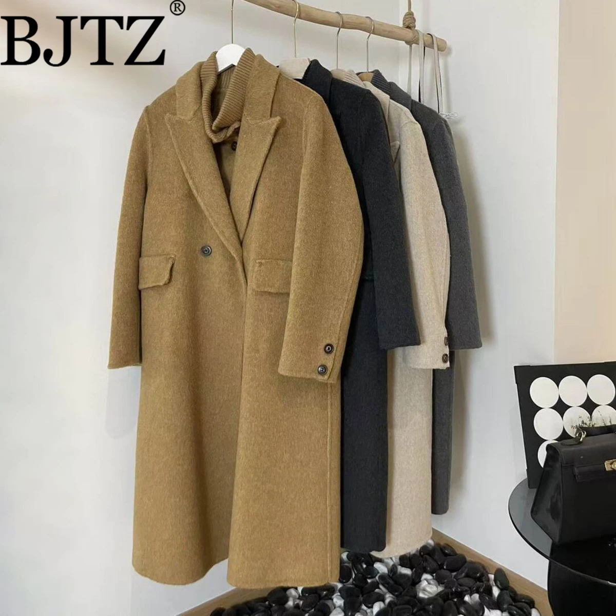 

BJTZ Women's 2025 AW Notched Lapel Double-Faced Wool Coat & Stand Collar Vest Set Elegant Vintage Casual Luxury Outerwear
