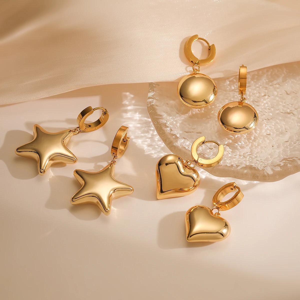 NEWBUY 2024 New Arrival Round Heart Star Drop Earrings For Women Non-Fading Gold Color Stainless Steel Jewelry