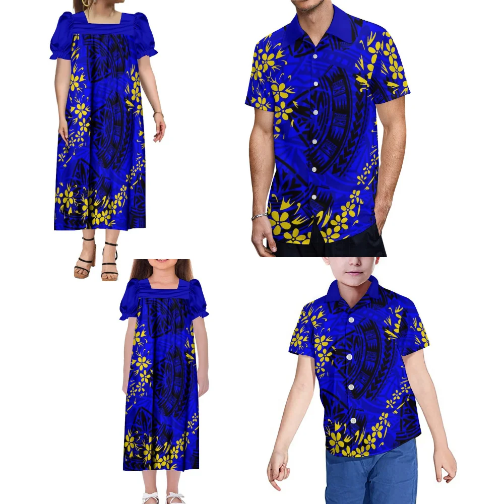 Abito da festa per la famiglia polinesiana donna ragazze Mumu Blue Dress uomo ragazzi camicia modello etnico Hibiscus Flower Leaf Custom Pattern