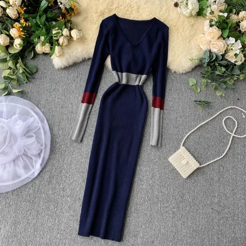 Women Autumn Winter Sweater Dress Fashion Patchwork V Neck Slim Elastic Dress Warm Bodycon Pullovers Knitting Dress