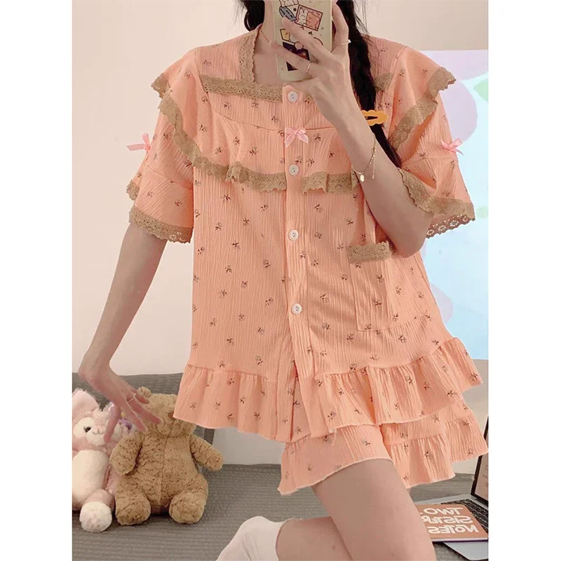 Ruffles Women Pajamas Sets for Home Summer Floral Sleepwear Shorts Sleeve Lace 2 Pieces Lace Night Wears Korean Home Suit New