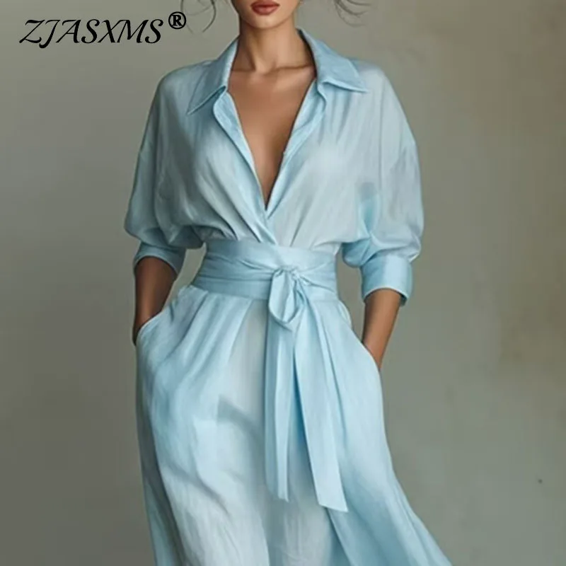 Vestido Largo Bohemio Elegante con Cordones y Cintura Alta para Mujer, Nuevo Vestido de Fiesta con Cuello Vuelto y Diseño Hueco, Vestido Maxi de Primavera con Manga 3/4 y Bolsillos