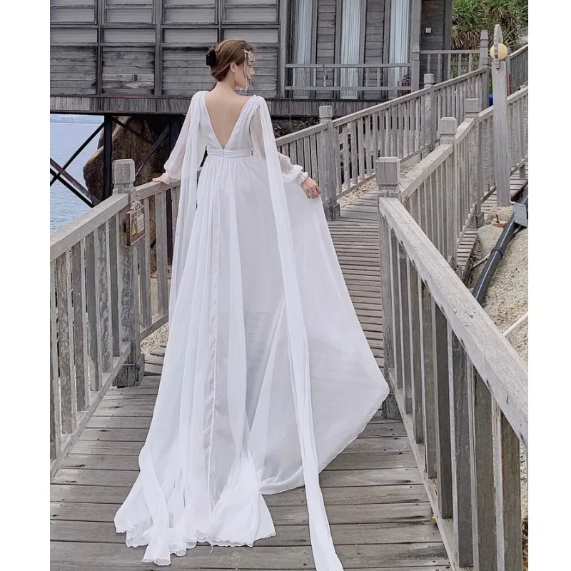 

Белая драпированная длинная юбка Ele Dr Beach Vaion Dr из струящегося шифона с высокой талией, длиной до щиколотки, V-образным вырезом и длинными рукавами