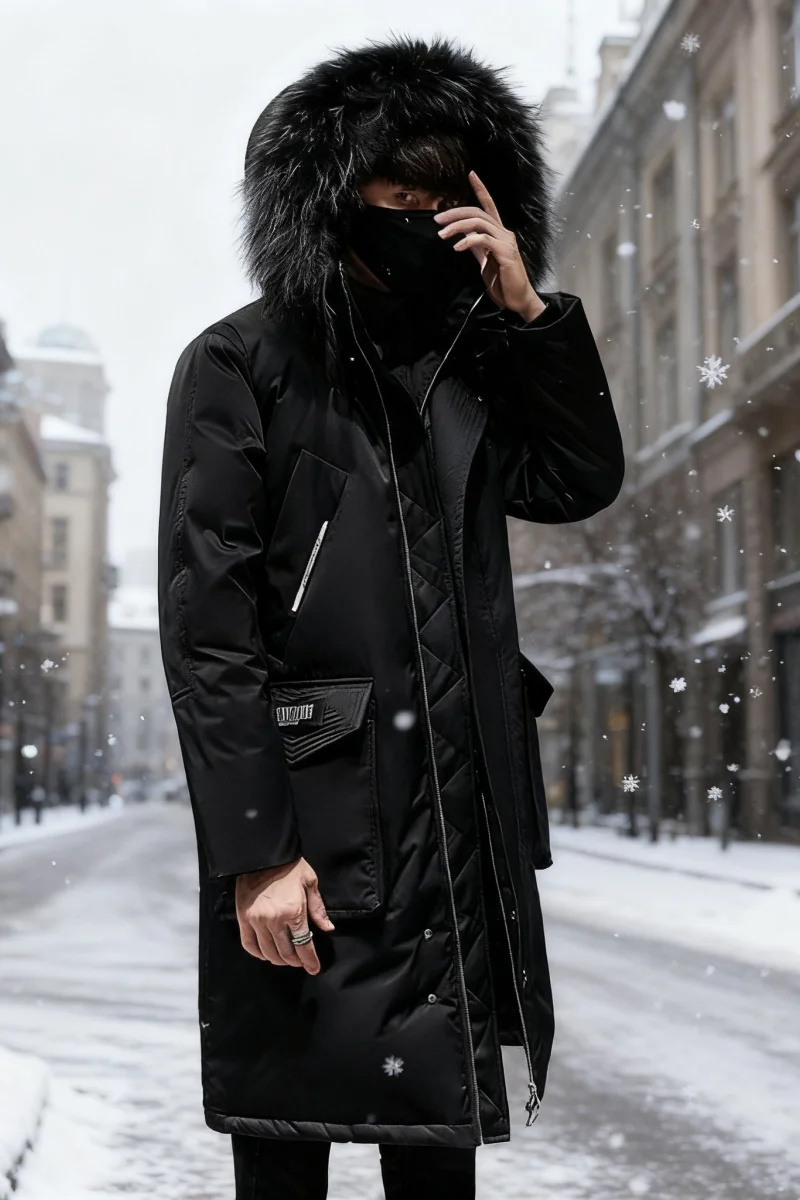 Men's Knee-Length Down Parka with Faux Fur Trim - Heavyweight Workwear Coat for Extreme Cold