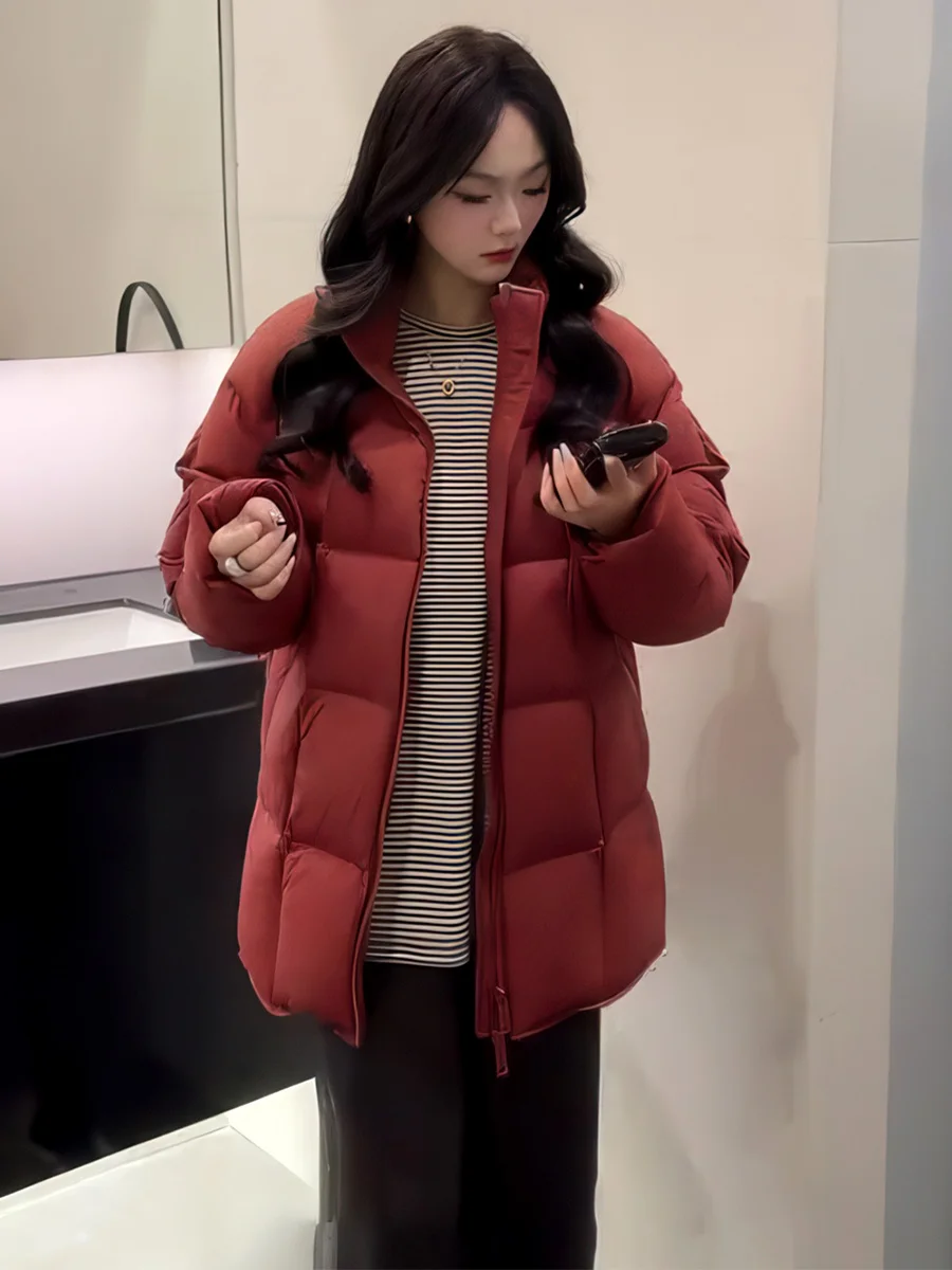 

Women's Puffer Jaet Stand Collar Du down Loose Fit Thi Warm Casual Sle Zipper ket Design Winter Outerwear