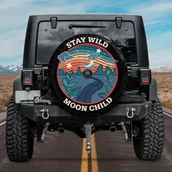 Stay Wild Moon Child Spare Tire Cover with backup camera hole, Dark Road Tire Cover, Rear camera hole, Boho Car accessories for