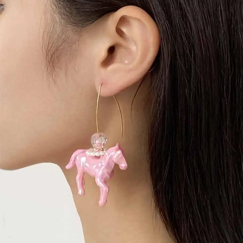 New Exaggeration Stereoscopic Small Horse Pendant Earrings For Women Creativity Cute Animal Earrings Charm Jewelry Holiday Gift