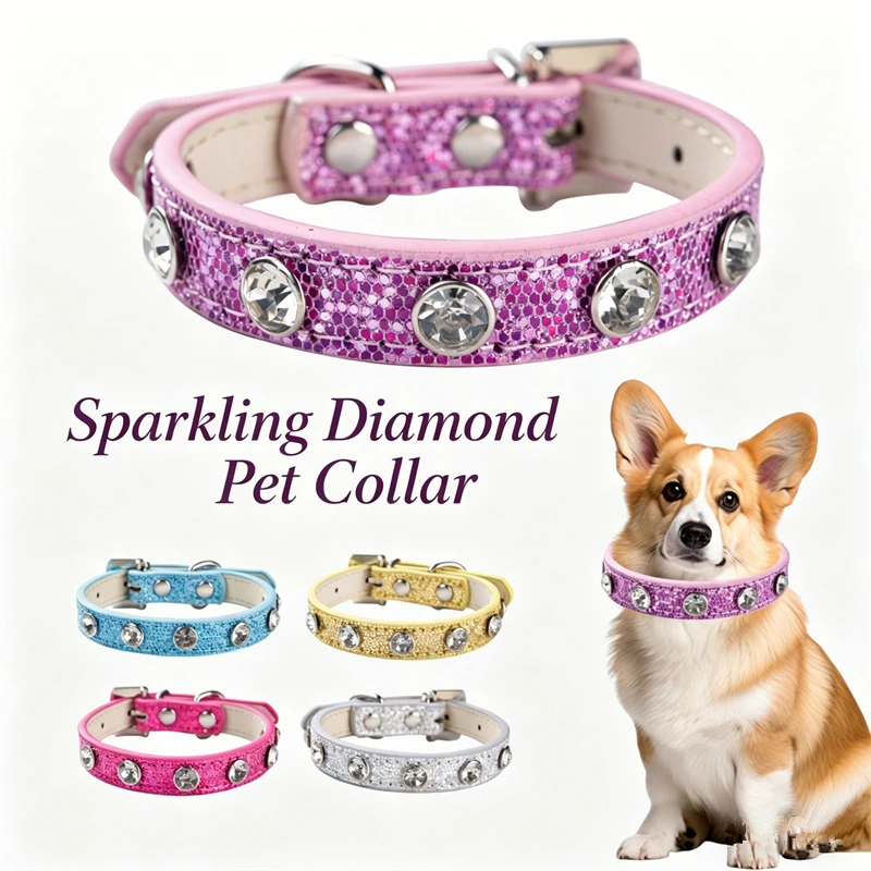 Bling Rhinestone Dog Collar Adjustable PU Leather Pet Collar with Crystal for Small Medium Dogs Cats Pet Supplies