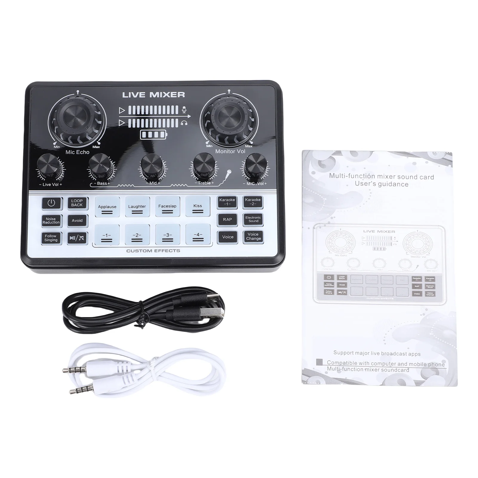 Live Streaming Sound Mixer Sound Card Rechargeable Plug and Play Adjustable Bass Treble Noise Reduction Colorful Indicator Light